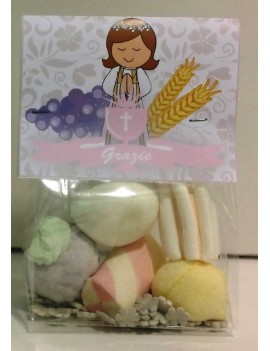 SACCHETTO MARSHMALLOW COMUNIONE SEGNAPOSTO RICORDO BIMBA